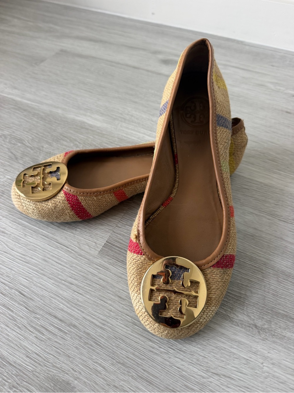 Tory Burch Tan Raffia Ballet Flats with Multicolor Stripes and Gold Logo
